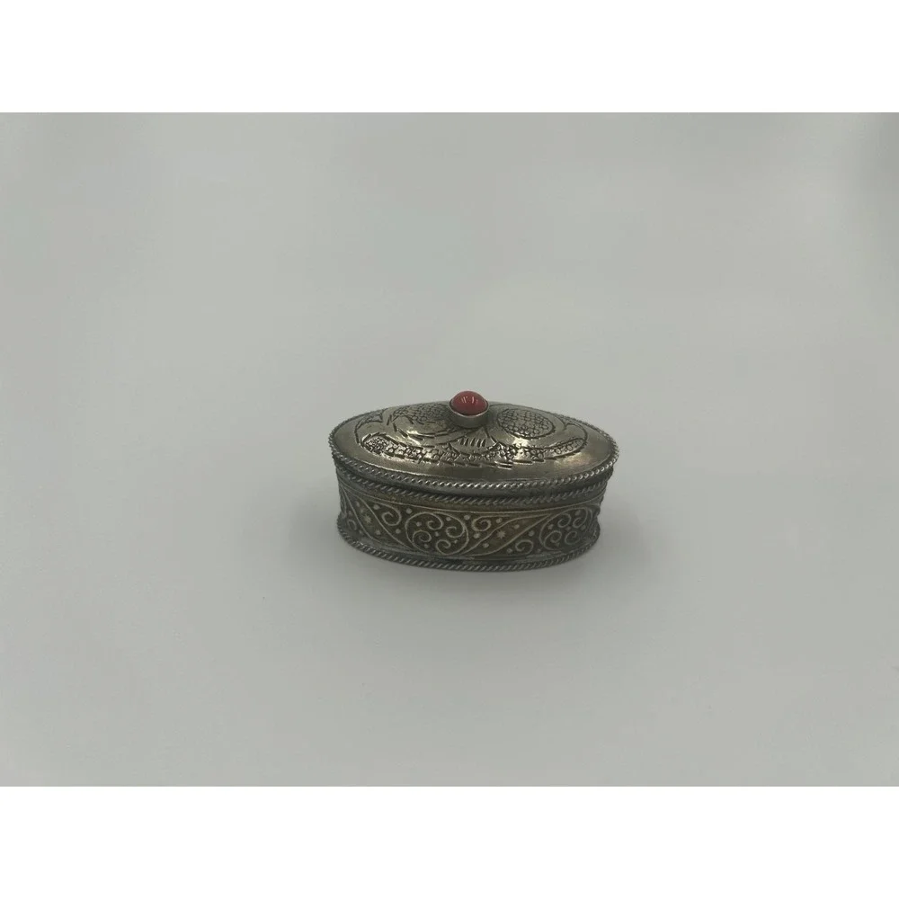 Vintage Berber Metal Pill Box Ornate Coral Genstome Snuff Box